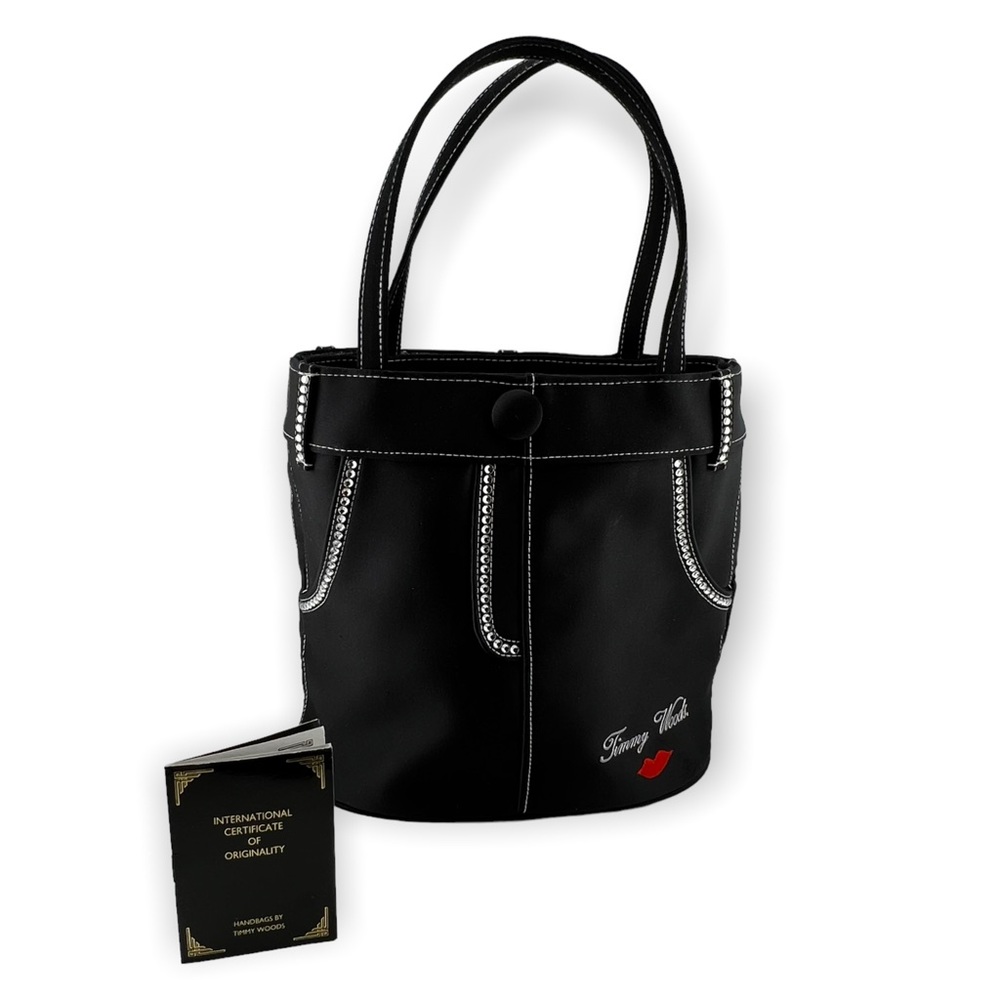 Timmy Woods Jeans with Stones Black Satin Rhinestone Pants Purse Handbag Tote